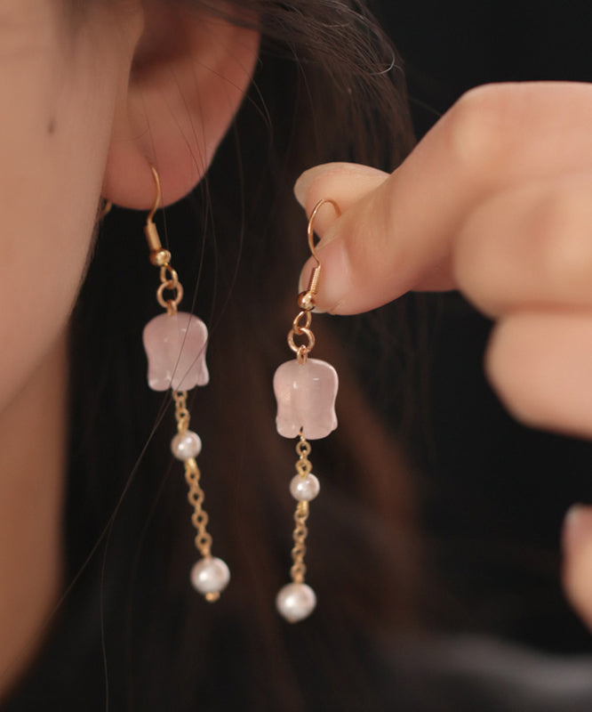 Cute Pink Copper Overgild Crystal Pearl Lily Of The Valley Tassel Drop Earrings QU034 JEW-EAR241007