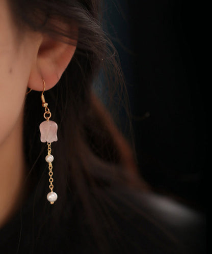 Cute Pink Copper Overgild Crystal Pearl Lily Of The Valley Tassel Drop Earrings QU034 JEW-EAR241007