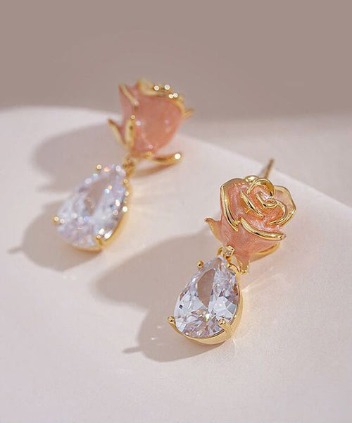 Rose Pink Gem Zircon Cute Copper Stone Water Earrings Drop FashionChic