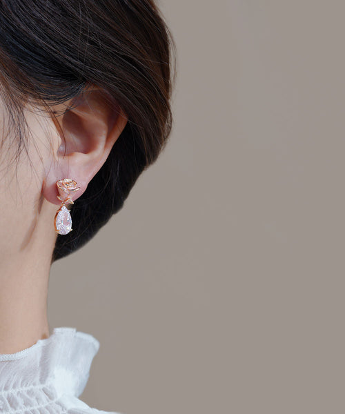 Rose Pink Gem Zircon Cute Copper Stone Water Earrings Drop FashionChic