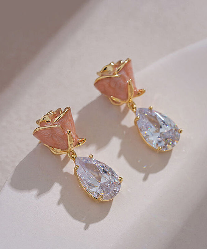 Rose Pink Gem Zircon Cute Copper Stone Water Earrings Drop FashionChic