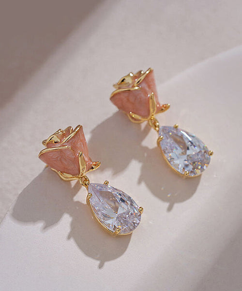 Rose Pink Gem Zircon Cute Copper Stone Water Earrings Drop FashionChic
