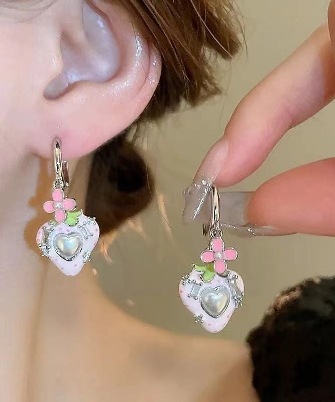 Cute Love Zircon Pearl Earrings Stud Strawberry Pink Copper FashionChic