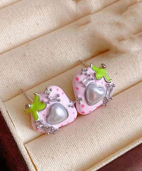 Cute Love Zircon Pearl Earrings Stud Strawberry Pink Copper FashionChic