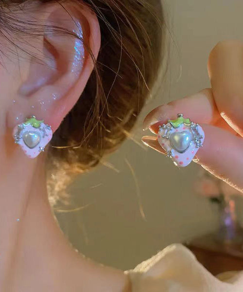 Cute Love Zircon Pearl Earrings Stud Strawberry Pink Copper FashionChic