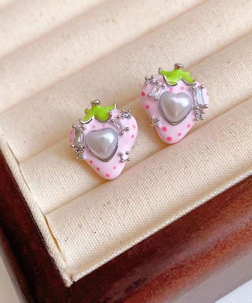 Cute Love Zircon Pearl Earrings Stud Strawberry Pink Copper FashionChic