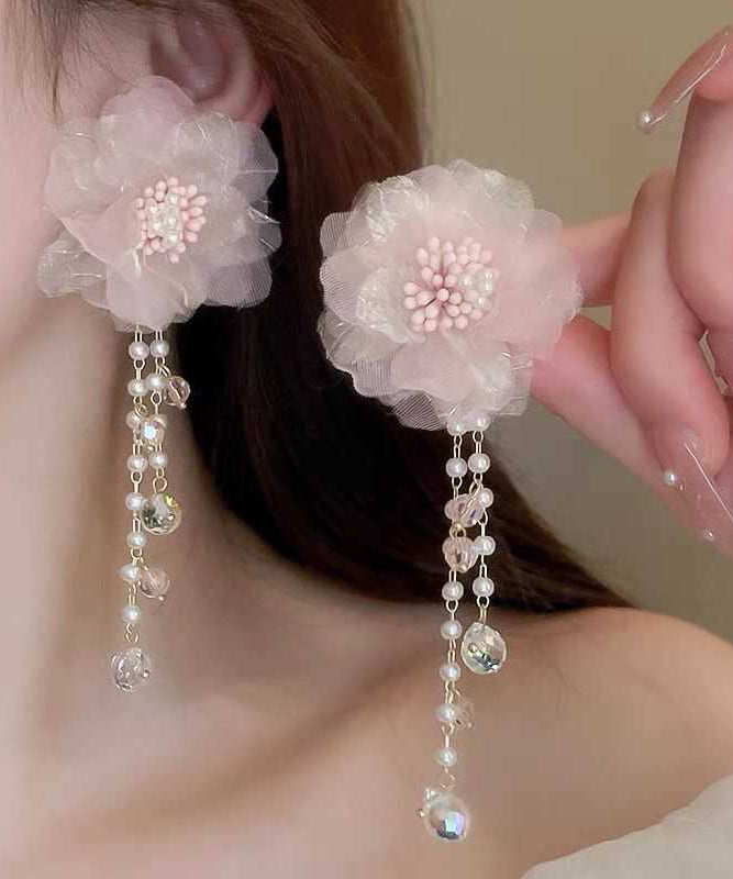 Cute Pink Crystal Pearl Tulle Floral Tassel Drop Earrings II007 JEW-EAR240825