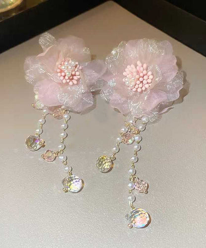 Cute Pink Crystal Pearl Tulle Floral Tassel Drop Earrings II007 JEW-EAR240825