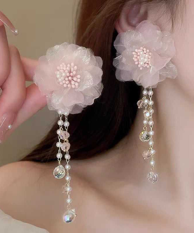 Cute Pink Crystal Pearl Tulle Floral Tassel Drop Earrings II007 JEW-EAR240825