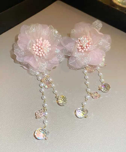 Cute Pink Crystal Pearl Tulle Floral Tassel Drop Earrings II007 JEW-EAR240825