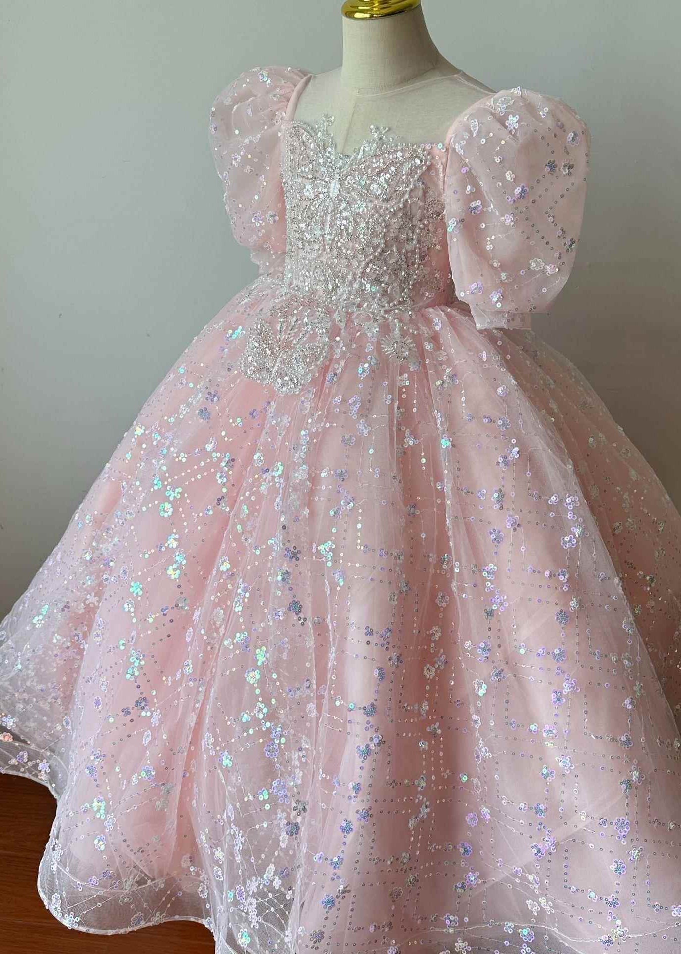 Cute Pink Embroideried Patchwork Tulle Kids Long Dresses Summer YG003 ABC