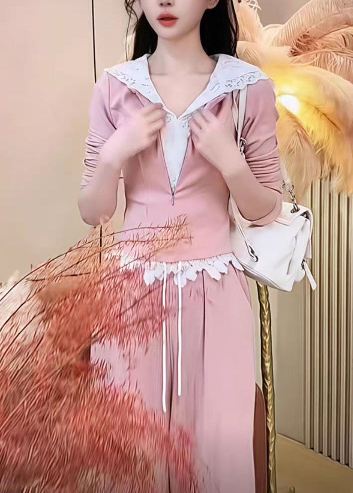 And Leg Wide Pants Two Pieces Hooded Fake Cute Sweatshirt Pink FashionChic