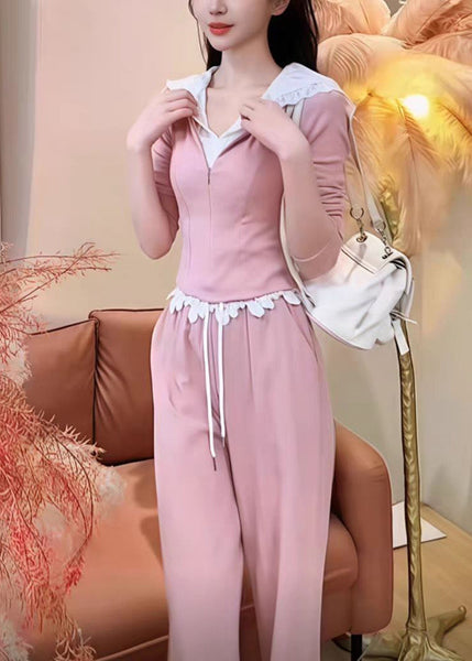 And Leg Wide Pants Two Pieces Hooded Fake Cute Sweatshirt Pink FashionChic