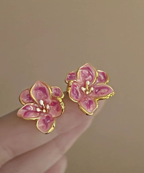 Cute Pink Metal Drip Glaze Floral Stud Earrings TX051
