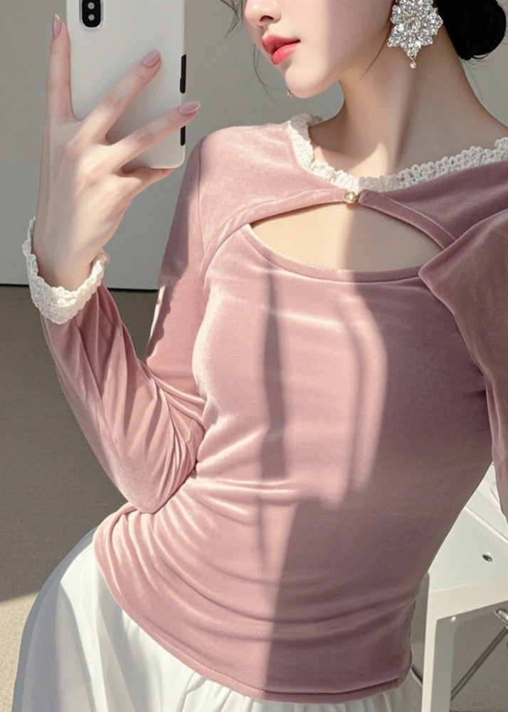 Cute Pink O-Neck Asymmetrical Silk Velour Tops Spring TO041