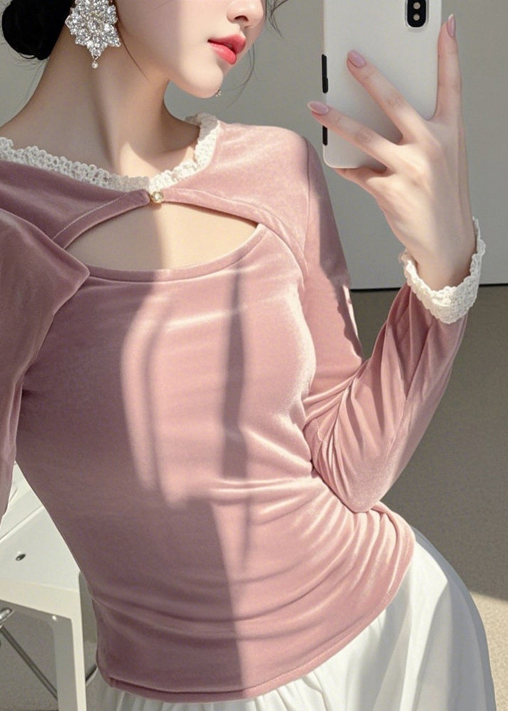 Cute Pink O-Neck Asymmetrical Silk Velour Tops Spring TO041