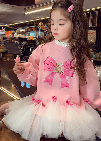 Cute Pink O-Neck Bow Tulle Patchwork Girls Maxi Dresses Spring TV030
