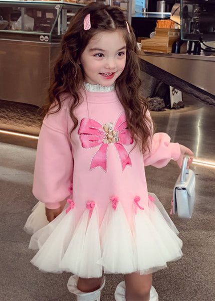 Cute Pink O-Neck Bow Tulle Patchwork Girls Maxi Dresses Spring TV030