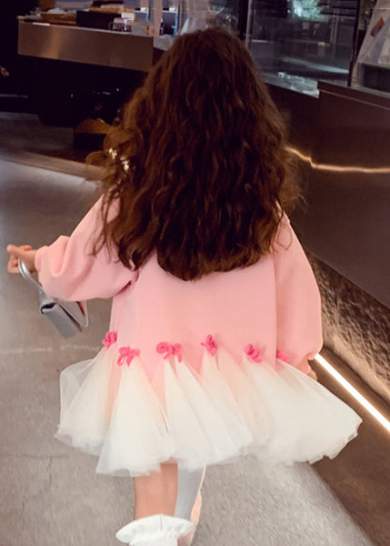 Cute Pink O-Neck Bow Tulle Patchwork Girls Maxi Dresses Spring TV030