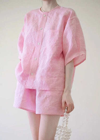 Cute Pink O-Neck Button Shirts And Shorts Two Pieces Set Summer QB020 HS-TPIEC241025