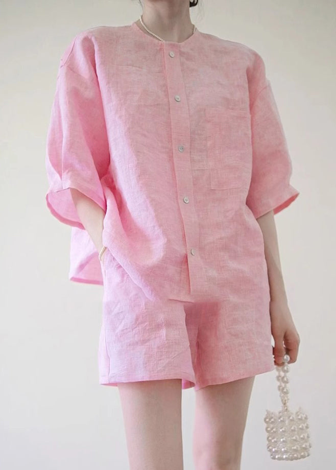 Cute Pink O-Neck Button Shirts And Shorts Two Pieces Set Summer QB020 HS-TPIEC241025