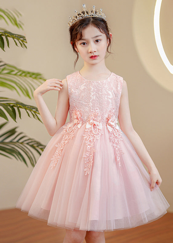 Cute Pink O-Neck Floral Pearl Tulle Girls Maxi Dress Sleeveless XZ049 SDGL240618