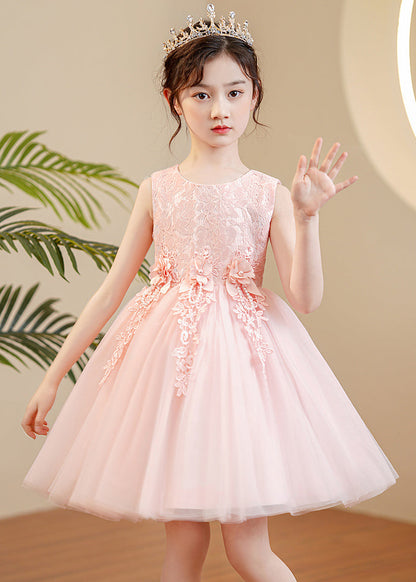 Cute Pink O-Neck Floral Pearl Tulle Girls Maxi Dress Sleeveless XZ049 SDGL240618