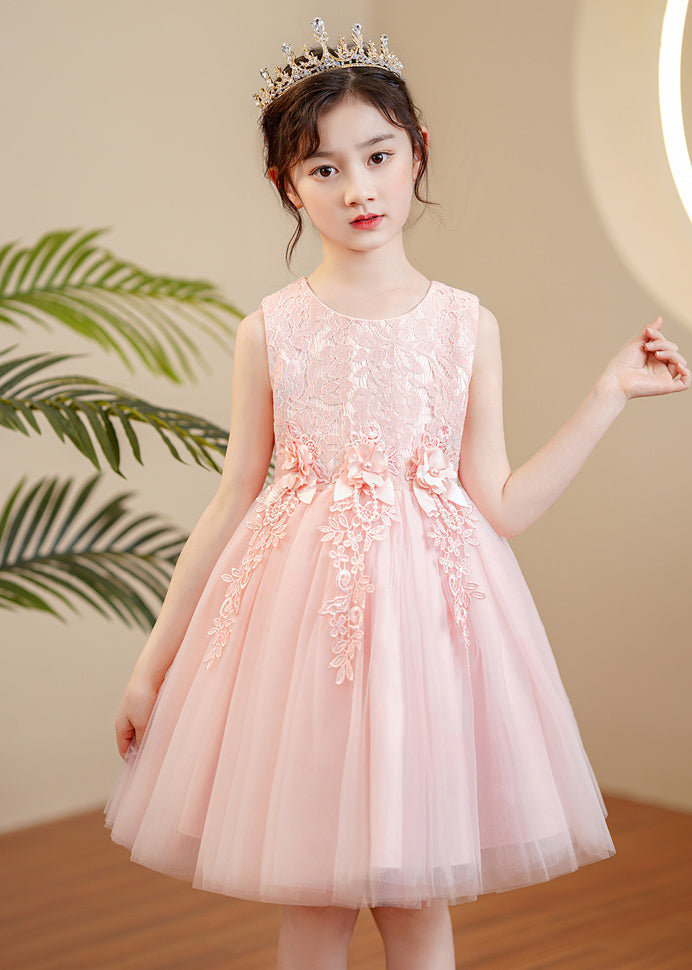 Cute Pink O-Neck Floral Pearl Tulle Girls Maxi Dress Sleeveless XZ049 SDGL240618