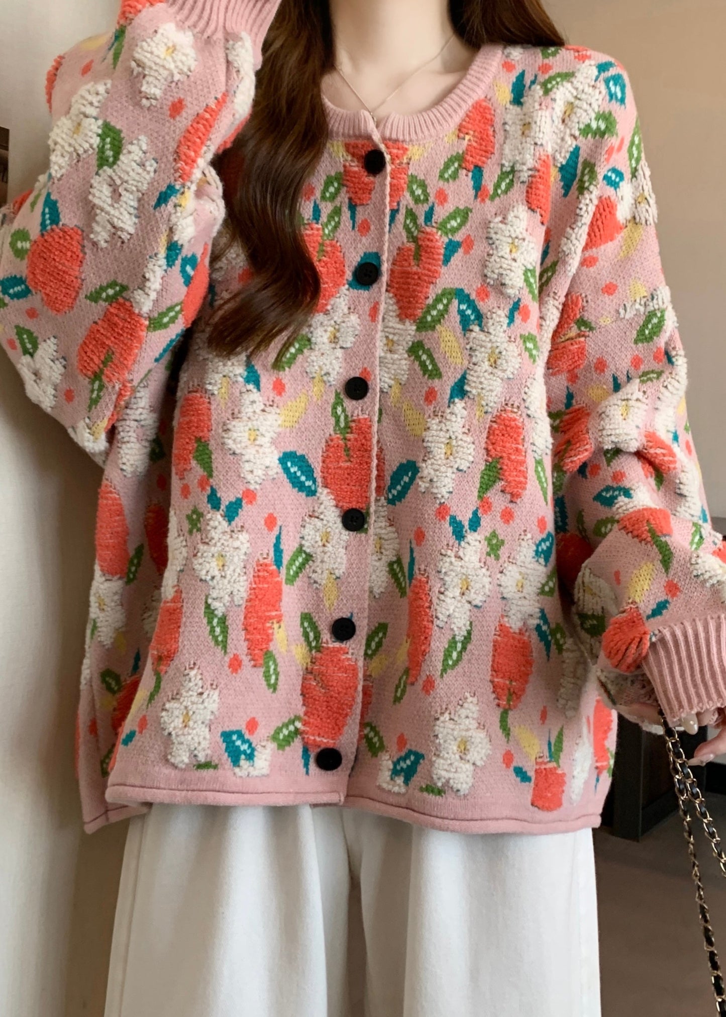 Cute Pink O Neck Jacquard Knit Loose Coat Winter RG028 ABC