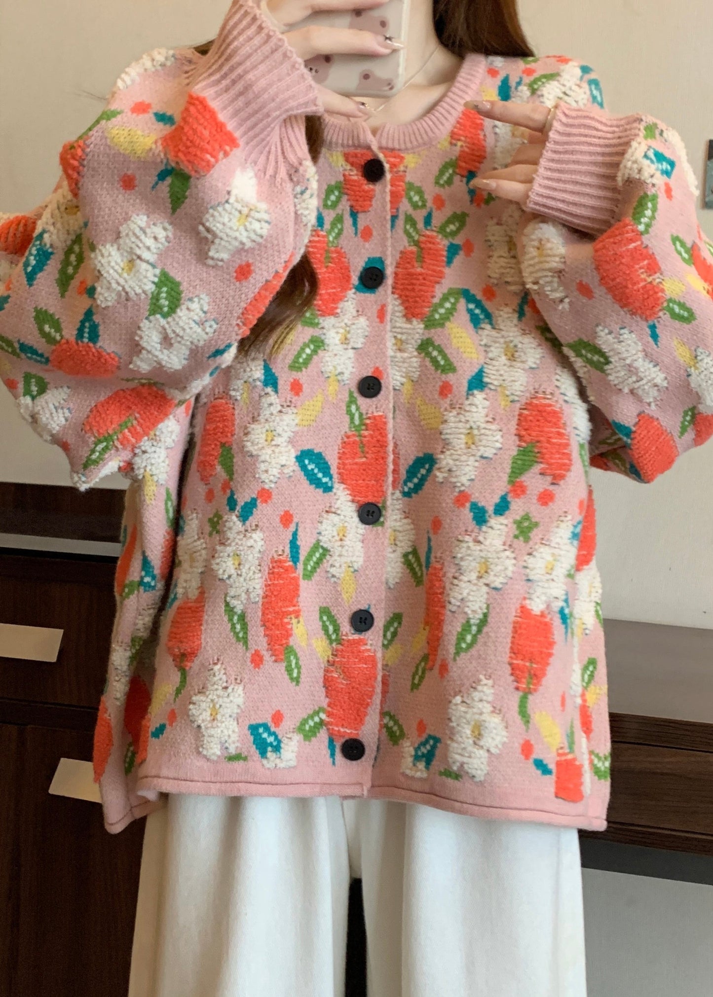 Cute Pink O Neck Jacquard Knit Loose Coat Winter RG028 ABC