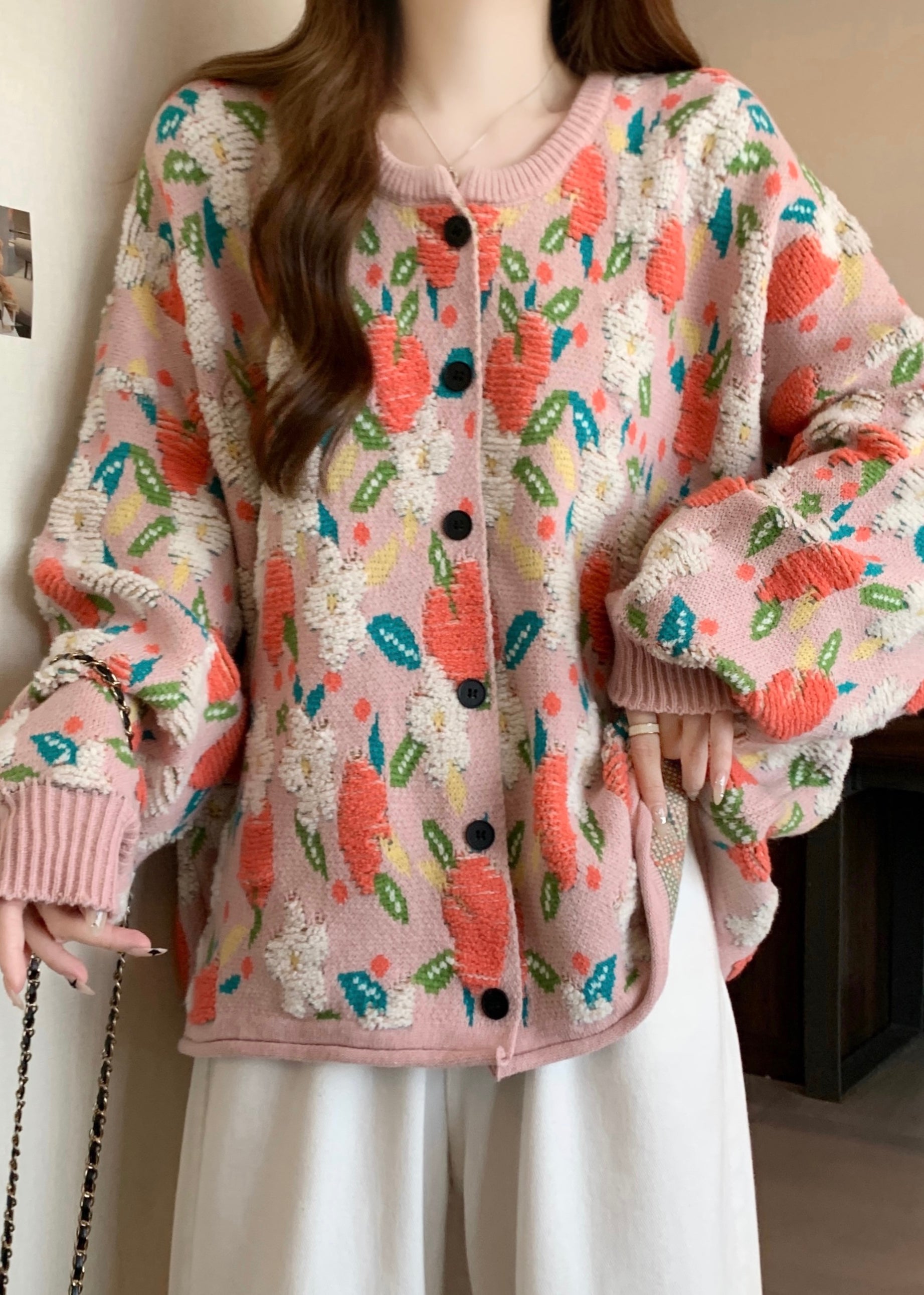 Cute Pink O Neck Jacquard Knit Loose Coat Winter RG028 ABC