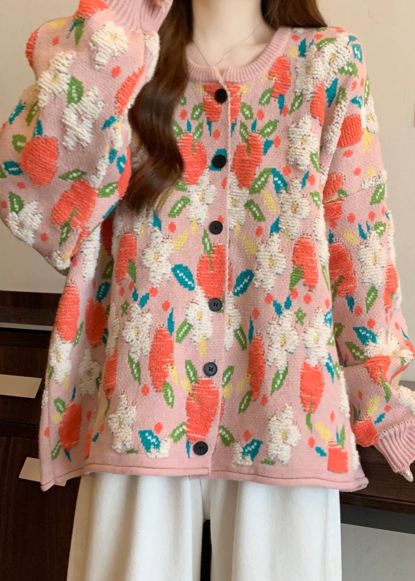 Cute Pink O Neck Jacquard Knit Loose Coat Winter RG028 ABC