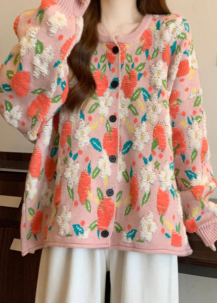 Cute Pink O Neck Jacquard Knit Loose Coat Winter RG028 ABC