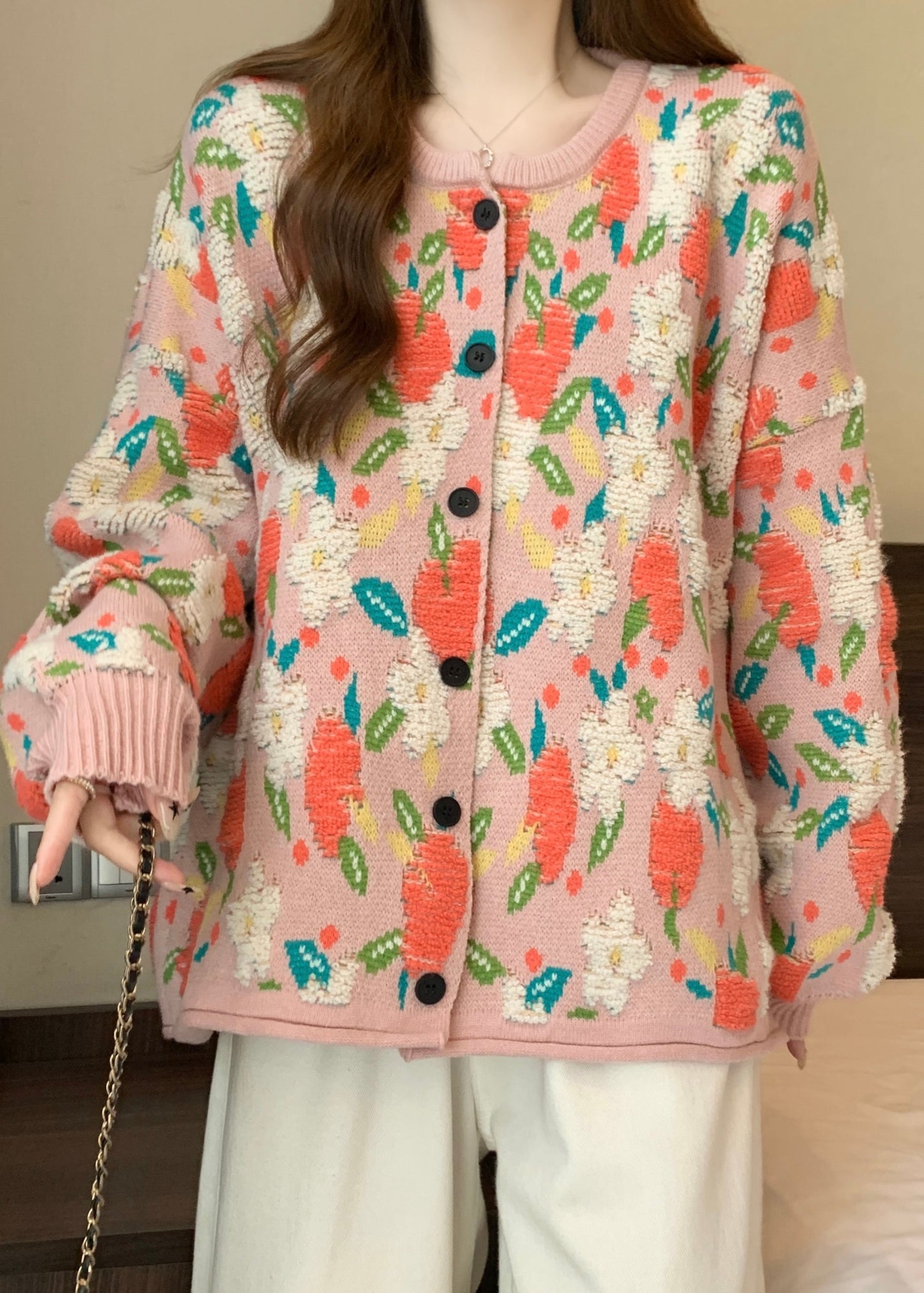 Cute Pink O Neck Jacquard Knit Loose Coat Winter RG028 ABC