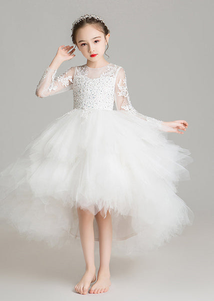 Cute Pink O-Neck Low High Design Tulle Girls Maxi Dress Sleeveless RP032 ABC