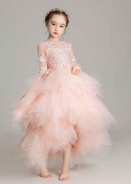Cute Pink O-Neck Low High Design Tulle Girls Maxi Dress Sleeveless RP032 ABC