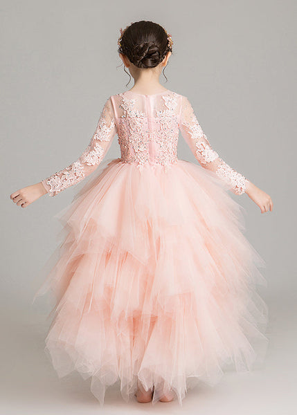 Cute Pink O-Neck Low High Design Tulle Girls Maxi Dress Sleeveless RP032 ABC