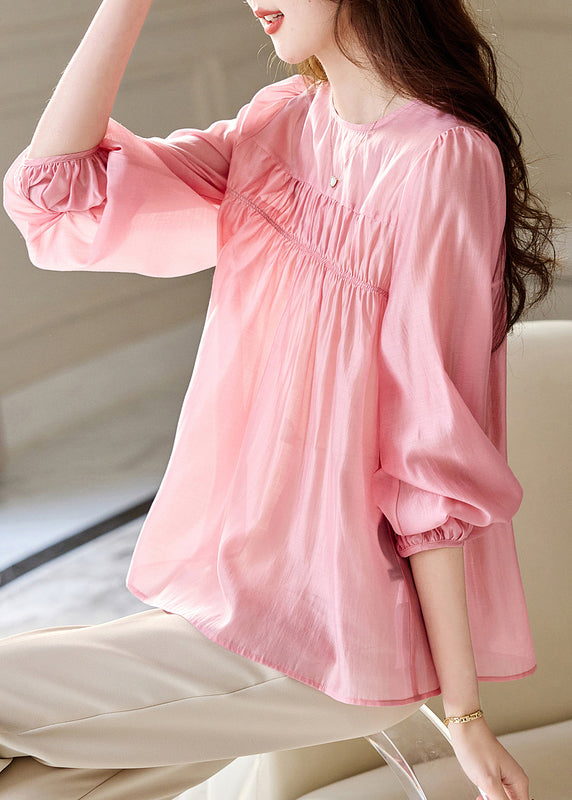 Cute Pink O-Neck Patchwork Silk Top Fall WW007 OL-LTP240812