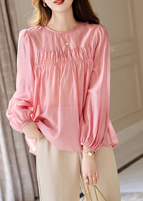 Cute Pink O-Neck Patchwork Silk Top Fall WW007 OL-LTP240812