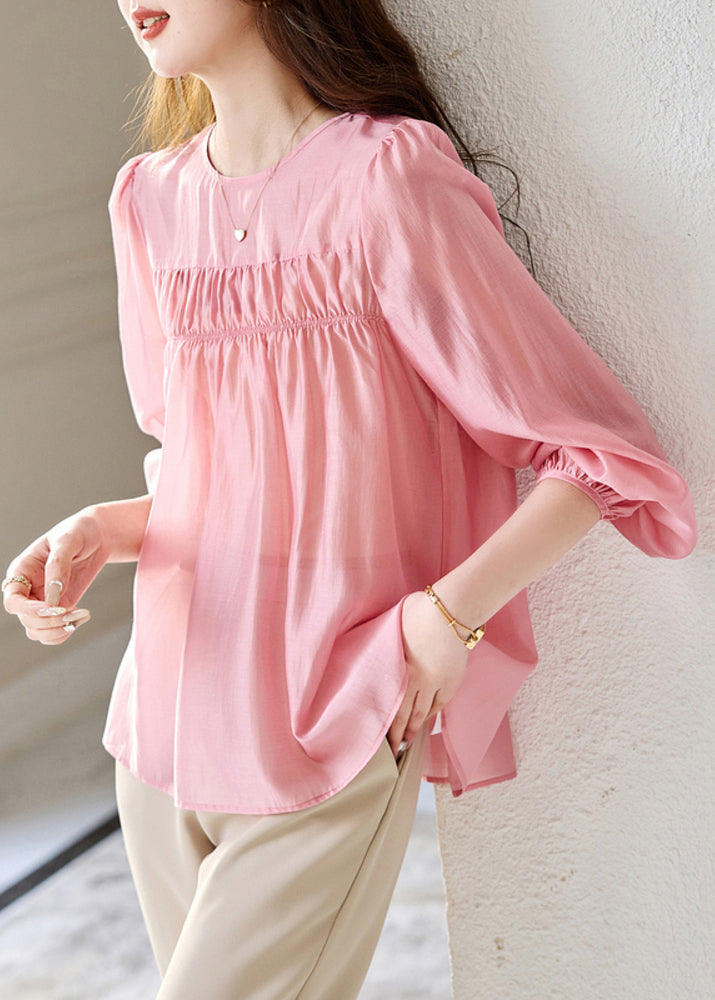 Cute Pink O-Neck Patchwork Silk Top Fall WW007 OL-LTP240812