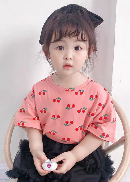 Cute Pink O Neck Print Cotton Girls T Shirt Summer YU1030 WS-RCTZ-STP240529