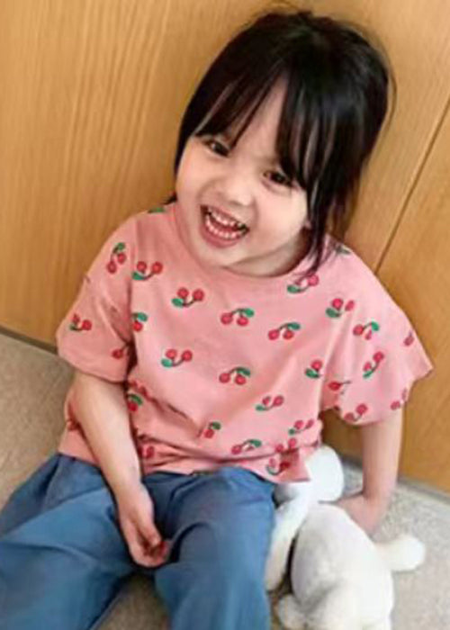 Cute Pink O Neck Print Cotton Girls T Shirt Summer YU1030 WS-RCTZ-STP240529