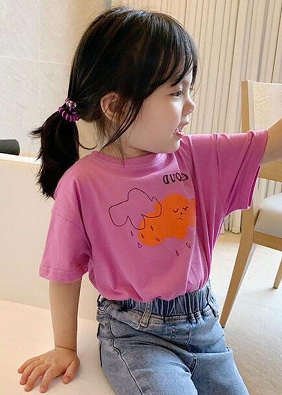 Cute Pink O Neck Print Cotton Girls T Shirt Summer YU1030 WS-RCTZ-STP240529