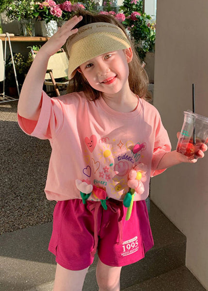 Cute Pink O Neck Print Cotton Girls Two Pieces Set Summer YU1054 WS-RCTZ-TPGIEC240529