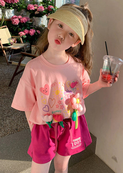 Cute Pink O Neck Print Cotton Girls Two Pieces Set Summer YU1054 WS-RCTZ-TPGIEC240529