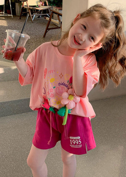 Cute Pink O Neck Print Cotton Girls Two Pieces Set Summer YU1054 WS-RCTZ-TPGIEC240529