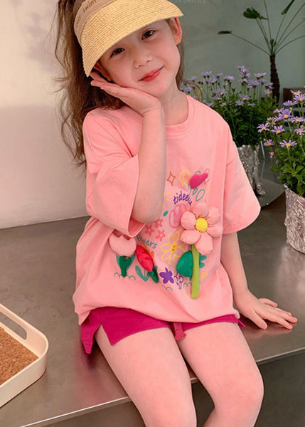 Cute Pink O Neck Print Cotton Girls Two Pieces Set Summer YU1054 WS-RCTZ-TPGIEC240529