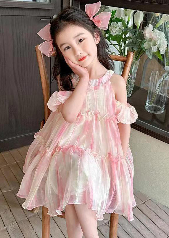 Cute Pink O-Neck Ruffled Chiffon Girls Dress Summer EW062 WS-RCTZSDGL240809