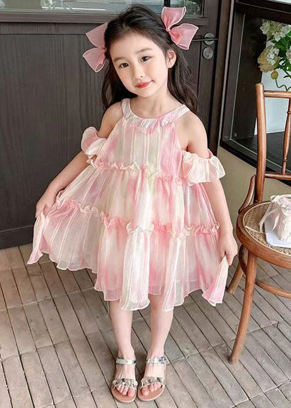 Cute Pink O-Neck Ruffled Chiffon Girls Dress Summer EW062 WS-RCTZSDGL240809