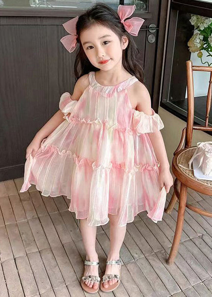 Cute Pink O-Neck Ruffled Chiffon Girls Dress Summer EW062 WS-RCTZSDGL240809